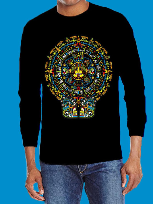 Playera Manga Larga Calendario Azteca para Hombre - UrbanHangers